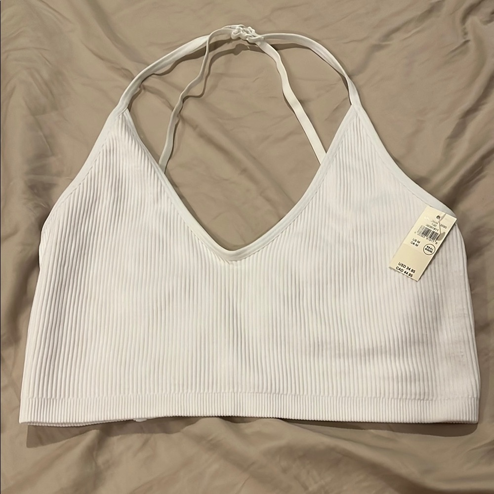 aerie White Ribbed Halter Sports Bra